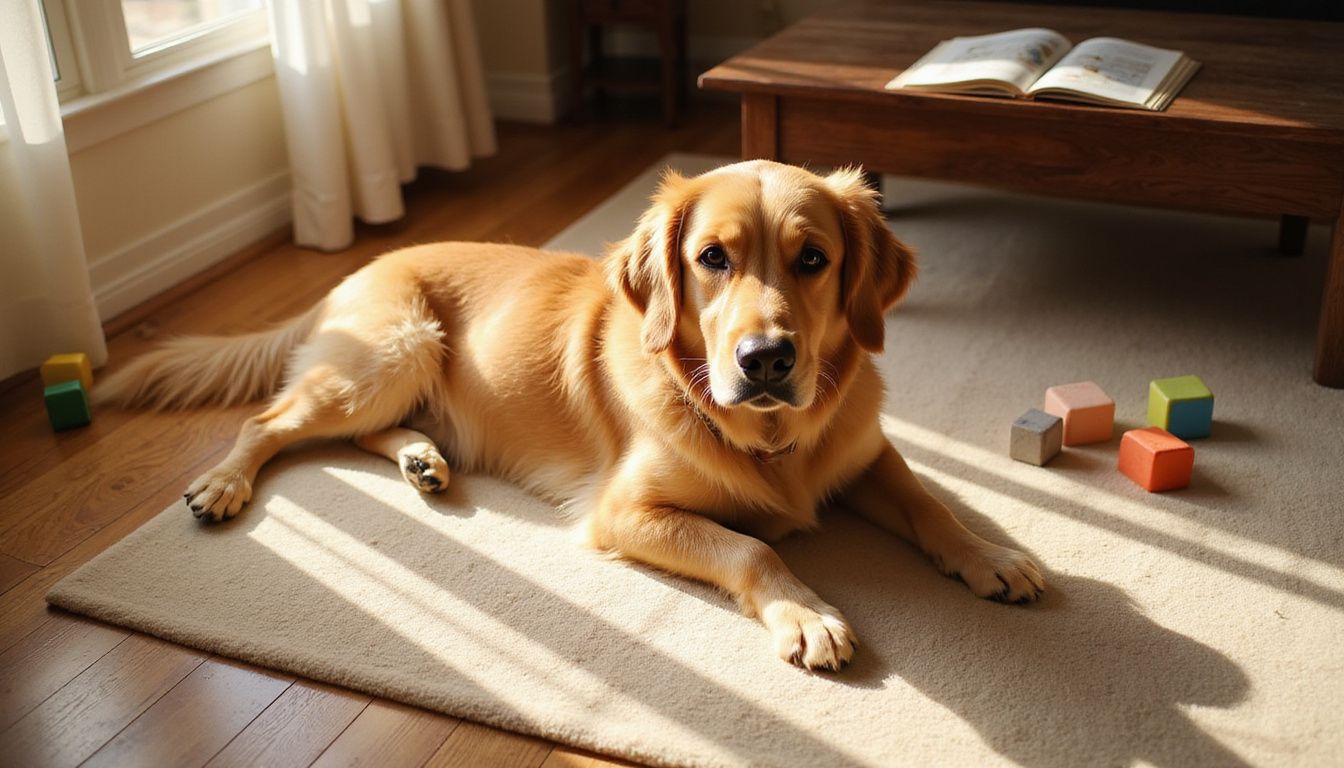 A relaxed golden retriever lies on a carpet beside colorful wooden blocks and a worn stuffed animal.
