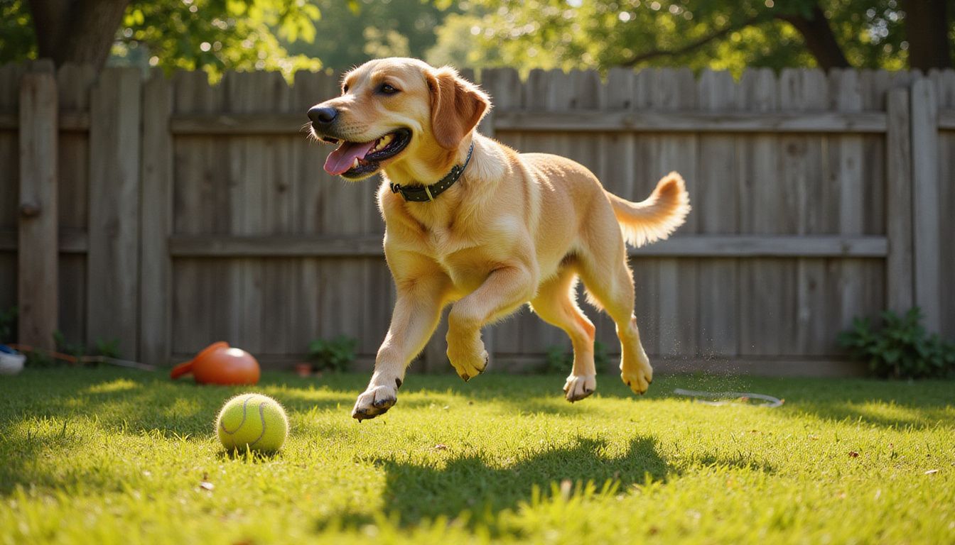 A golden Labrador leaps for a tennis ball thrown by an excited child on a grassy lawn.