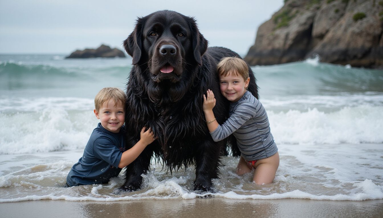 A joyful child and their sibling play with a massive Newfoundland dog in the cold Atlantic waves.