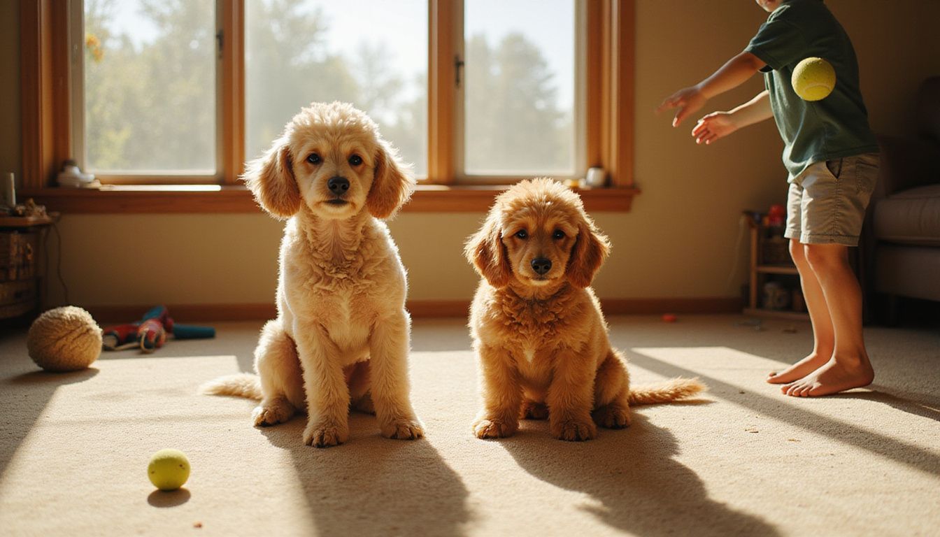 A child throws a tennis ball while a standard and miniature poodle sit on the living room carpet.