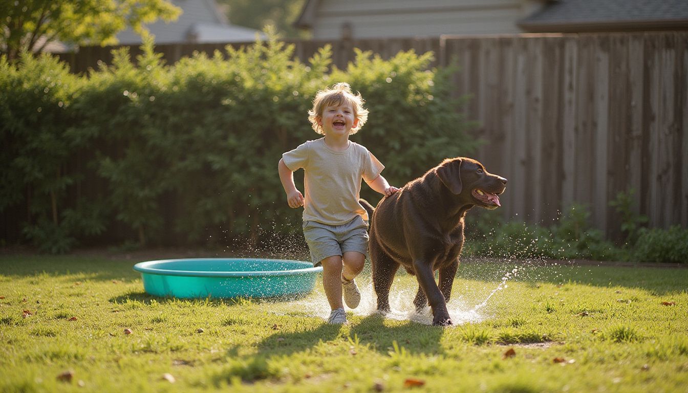 A joyful child plays with a playful chocolate Labrador in a kiddie pool on a sunlit afternoon.