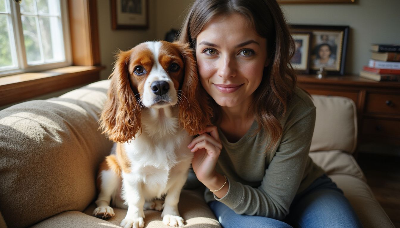 A Cavalier King Charles Spaniel sits on a couch while a woman gently strokes its ear, sharing a warm moment.