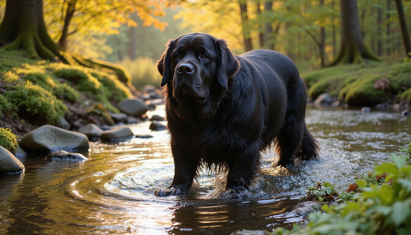 A powerful Newfoundland dog wades through a clear creek, showcasing its muscular build and webbed paws in serene focus.