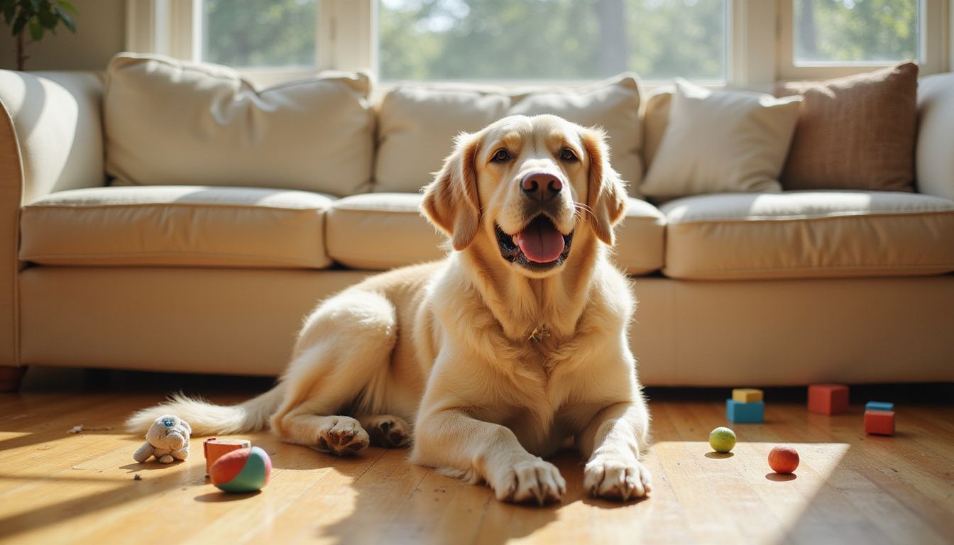 A relaxed Golden Retriever sits on honey-toned hardwood flooring among children's toys in a cozy, lived-in space.