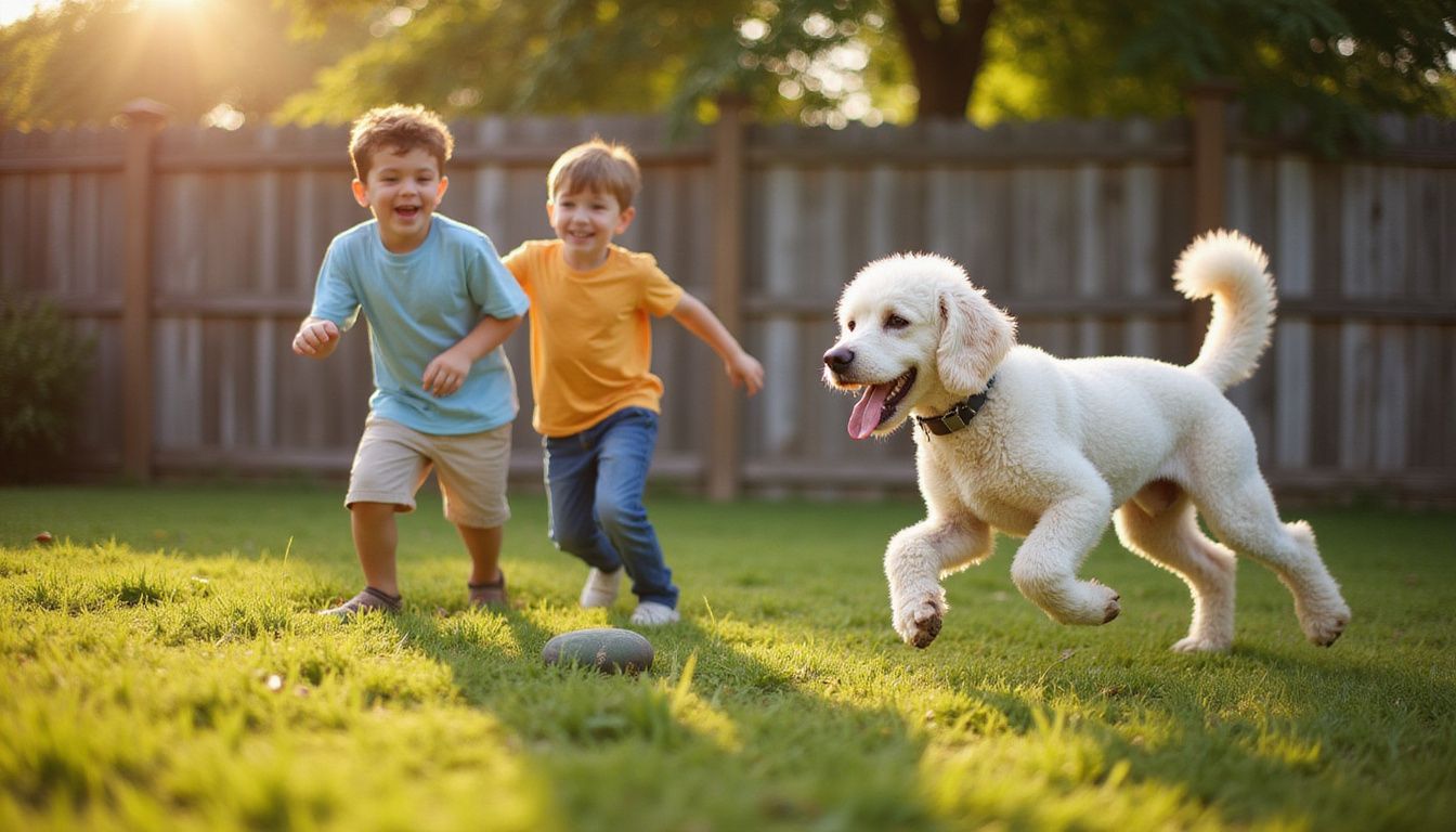 A family enjoys playing fetch with a lively poodle in a suburban backyard during a joyful afternoon.