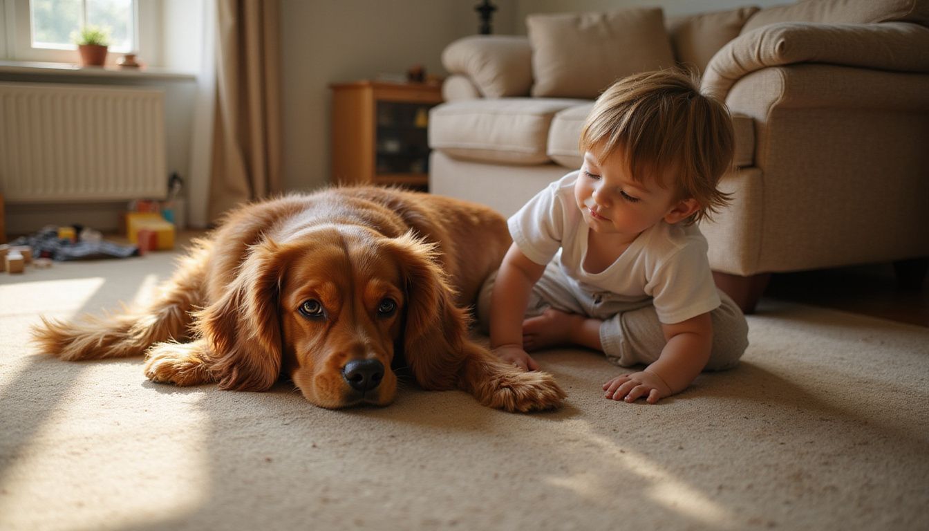 A golden-brown Cavalier King Charles Spaniel relaxes on a worn carpet while a curious child reaches out to it.