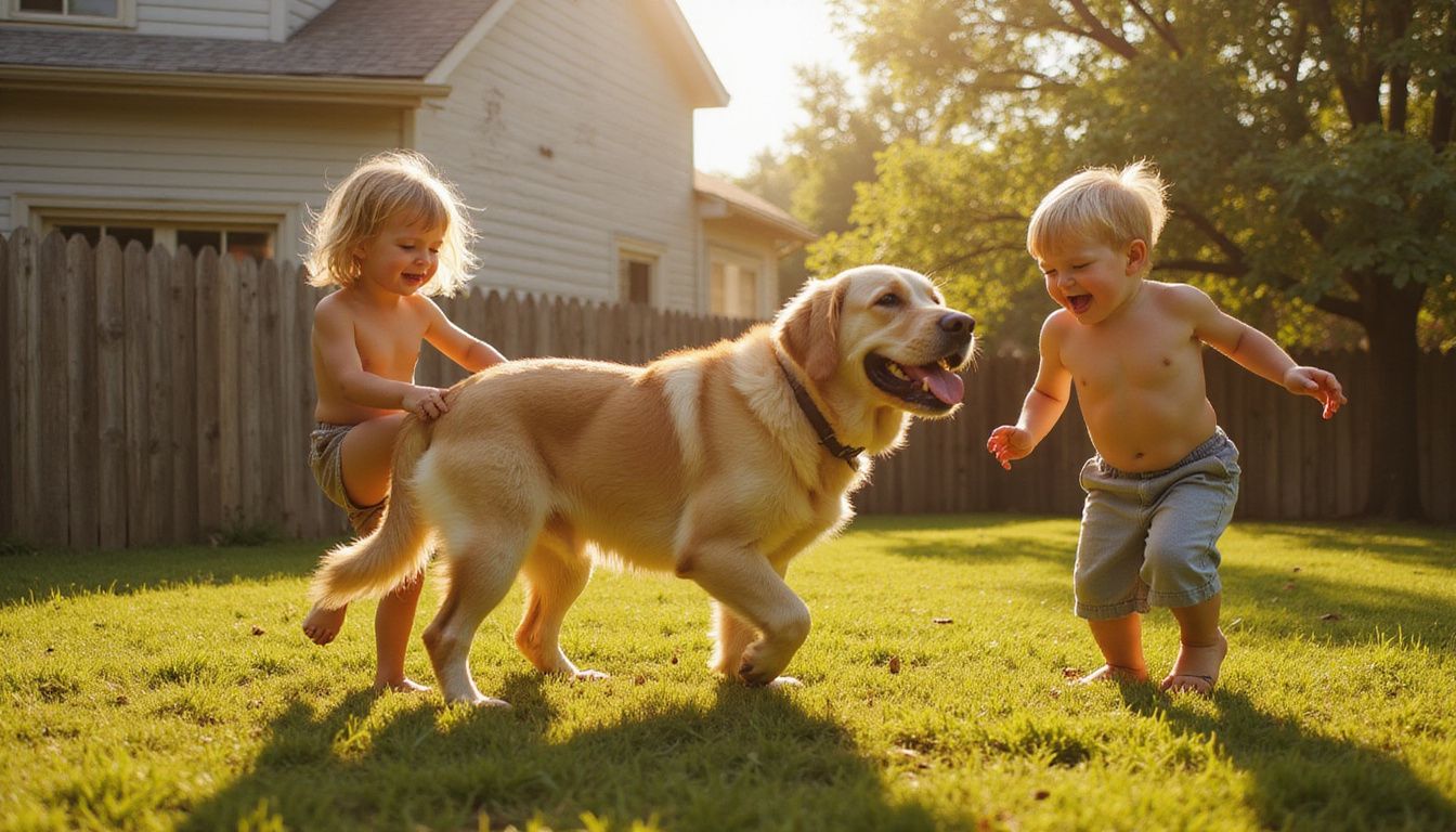 A golden Labrador retriever joyfully interacts with two children in a grassy backyard during a playful afternoon.