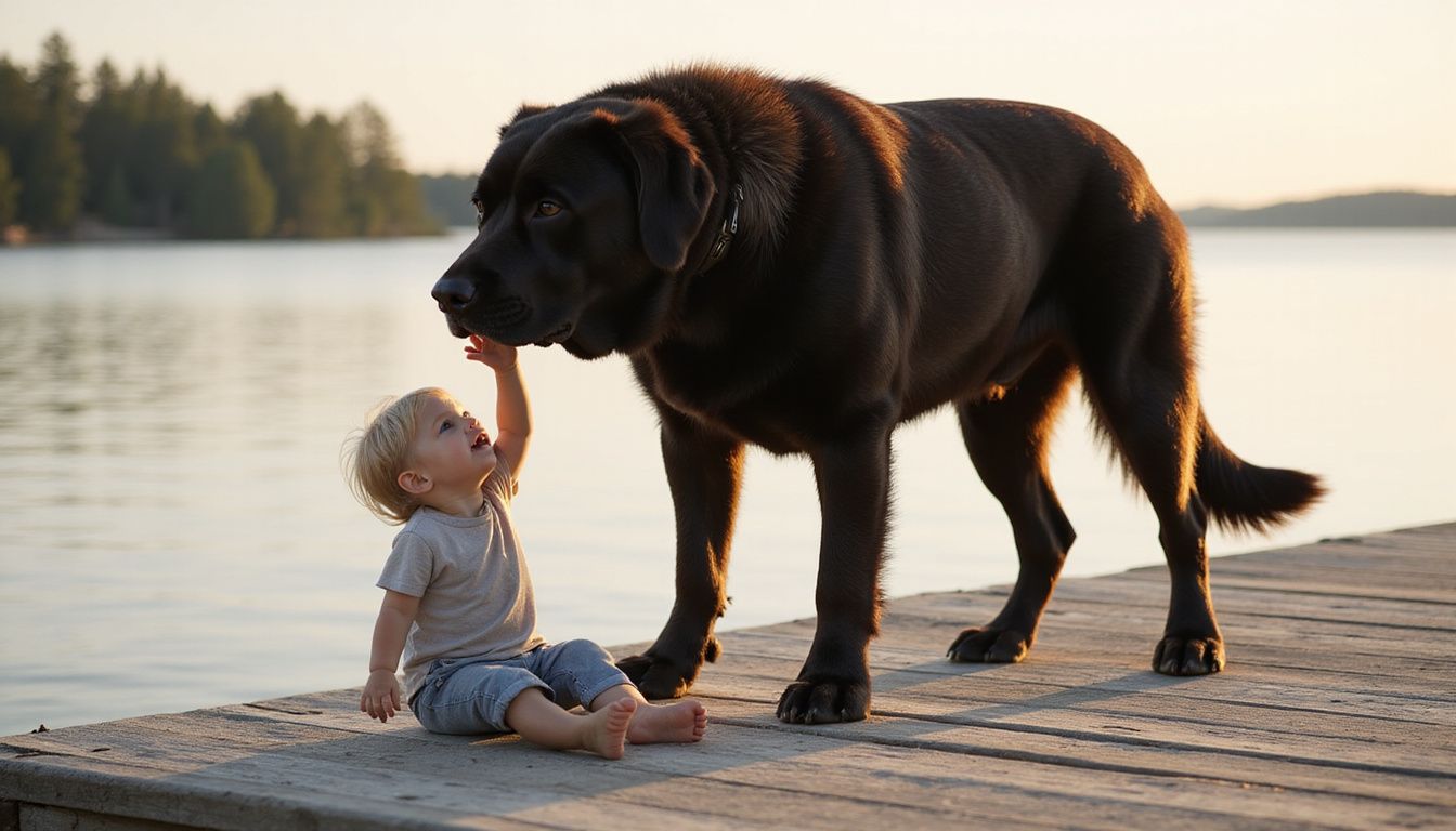 A large, protective dog stands beside a young child on a weathered wooden dock by calm water.