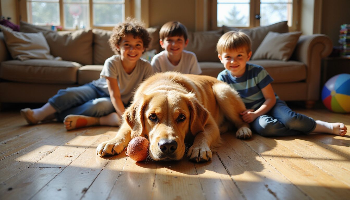 A golden retriever relaxes on hardwood floors, surrounded by three smiling children playing with toys.