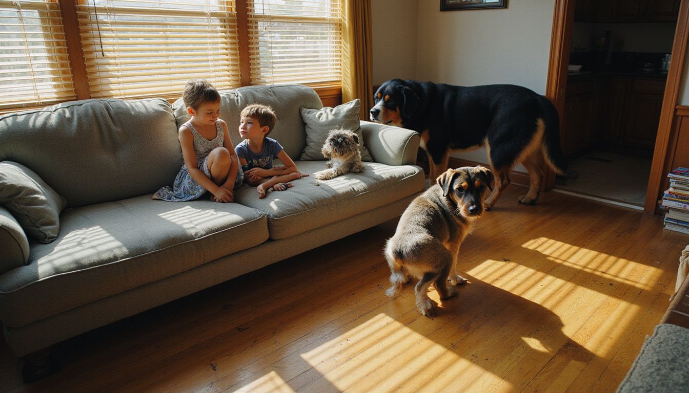 A candid family living room scene features two children and their dogs amidst everyday domestic life.