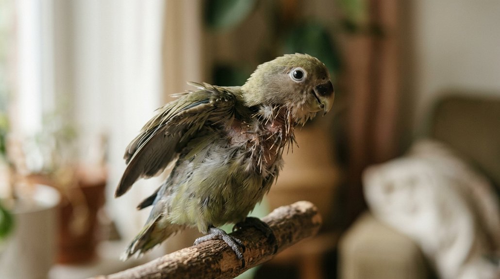 bird suffering from feather plucking