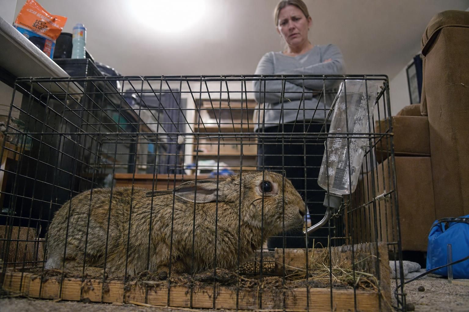 A distressed wild rabbit is trapped in a small wire cage.