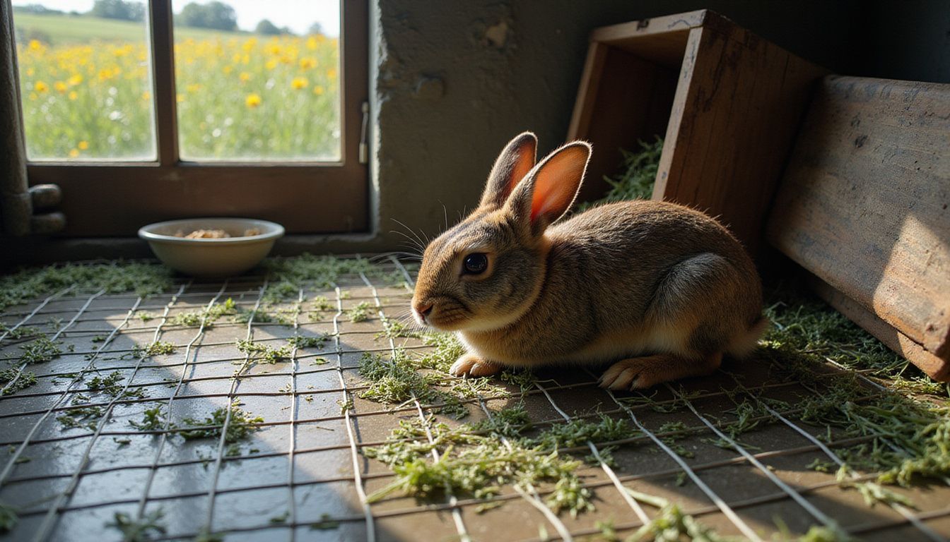 A frightened wild rabbit sits trapped in a wire cage. A frightened wild rabbit sits trapped in a wire cage.