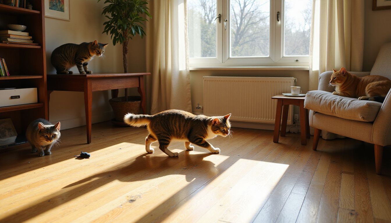 A cozy living room features four distinct cats exhibiting various poses and behaviors in a warm, inviting setting. A cozy living room features four distinct cats exhibiting various poses and behaviors in a warm, inviting setting.