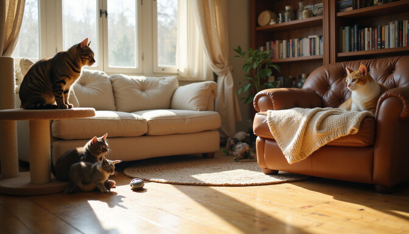 A sunlit living room features a tabby cat, a curious gray kitten, an active orange and white cat, and a sleeping Ragdoll. A sunlit living room features a tabby cat, a curious gray kitten, an active orange and white cat, and a sleeping Ragdoll.