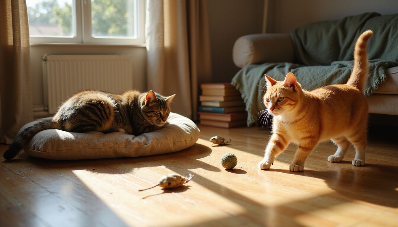 A tabby cat relaxes on a cushion while another lunges playfully at a feather toy in a cozy living room. A tabby cat relaxes on a cushion while another lunges playfully at a feather toy in a cozy living room.