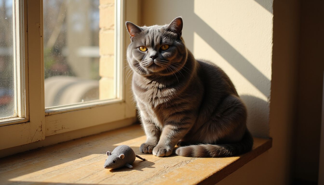 A relaxed British Shorthair cat sits on a windowsill beside a neglected felt toy mouse in a sparse living room. A relaxed British Shorthair cat sits on a windowsill beside a neglected felt toy mouse in a sparse living room.
