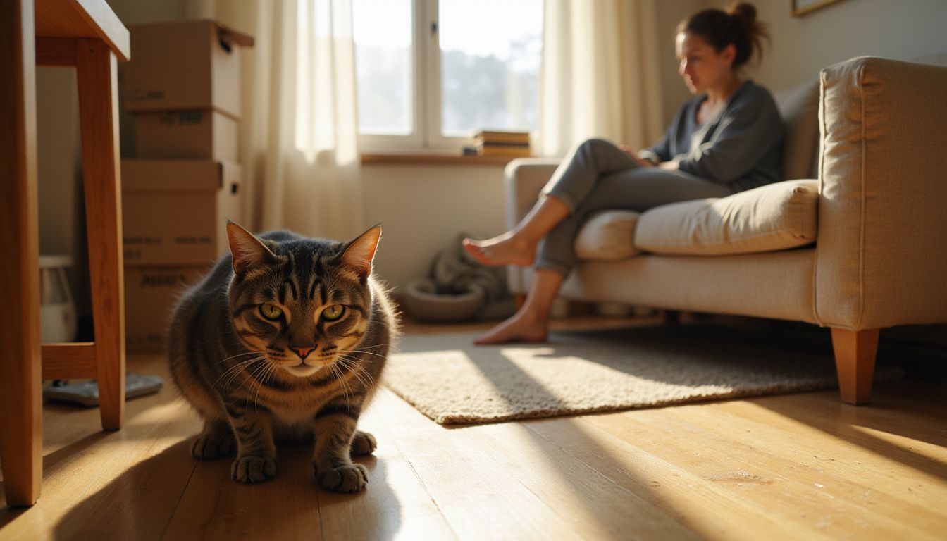 A nervous gray tabby cat crouches defensively under a table, while a woman speaks softly on the couch. A nervous gray tabby cat crouches defensively under a table, while a woman speaks softly on the couch.