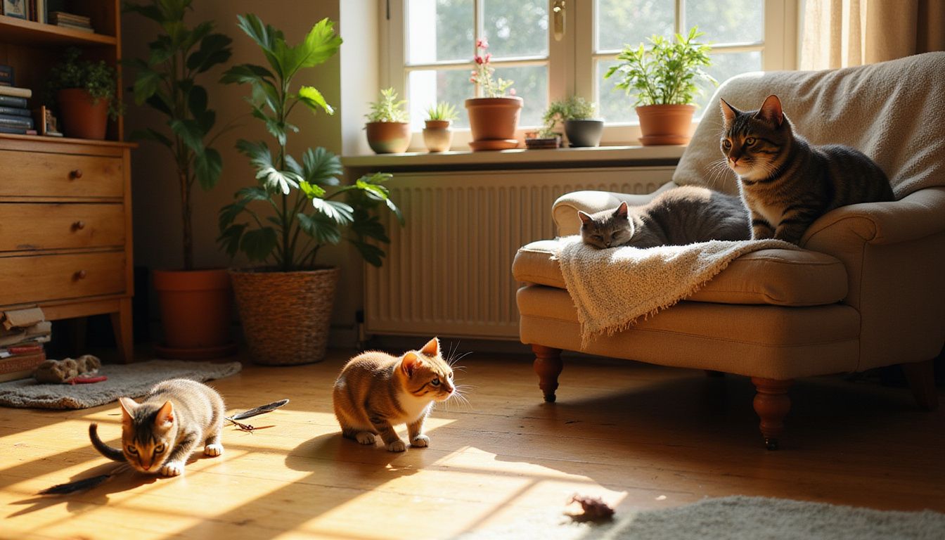 A living room features three cats at different life stages, showcasing their distinct personalities and textures in a cozy setting. A living room features three cats at different life stages, showcasing their distinct personalities and textures in a cozy setting.