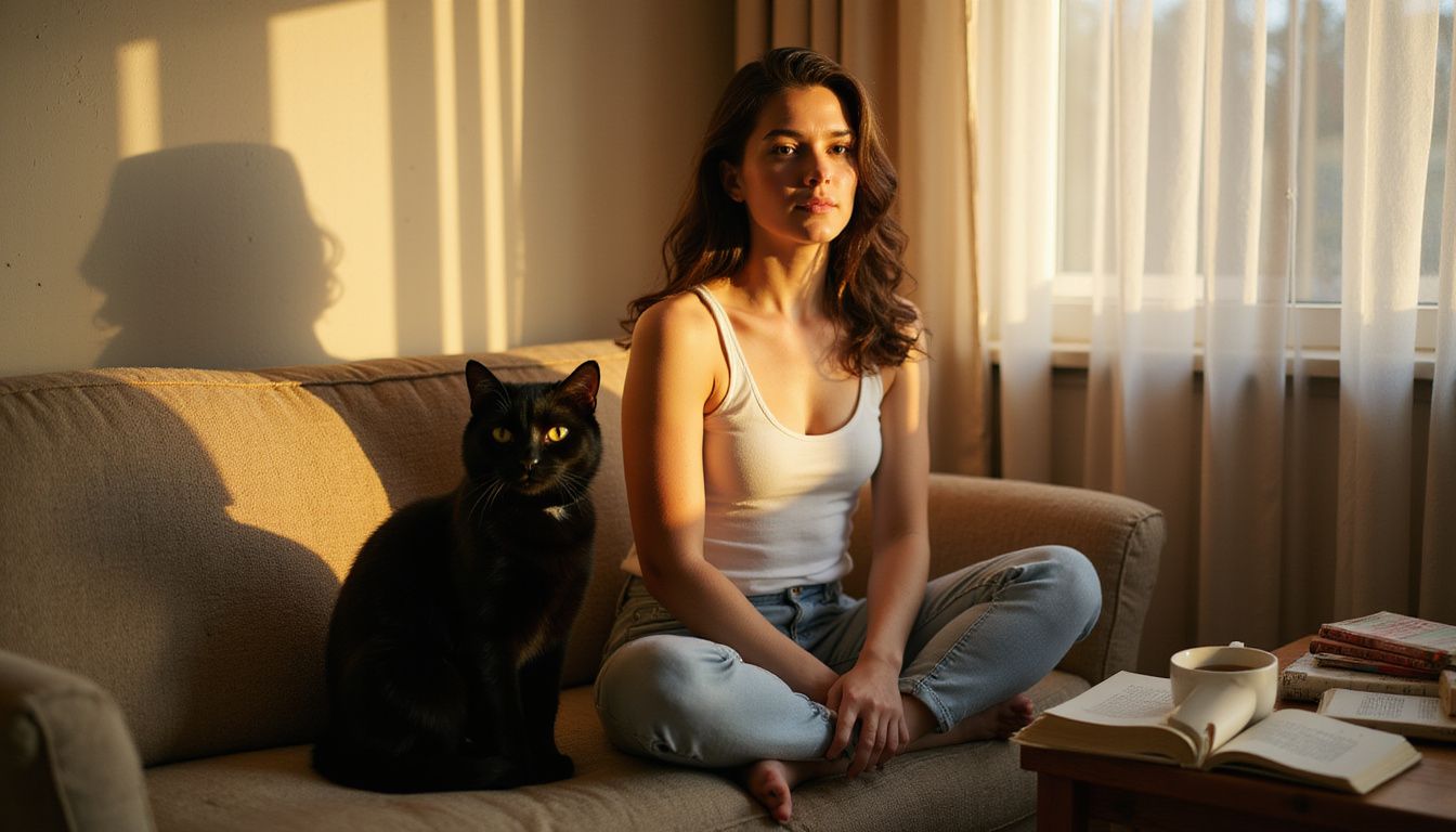 A woman in her late twenties sits contemplatively on a vintage couch, accompanied by a poised black cat. A woman in her late twenties sits contemplatively on a vintage couch, accompanied by a poised black cat.