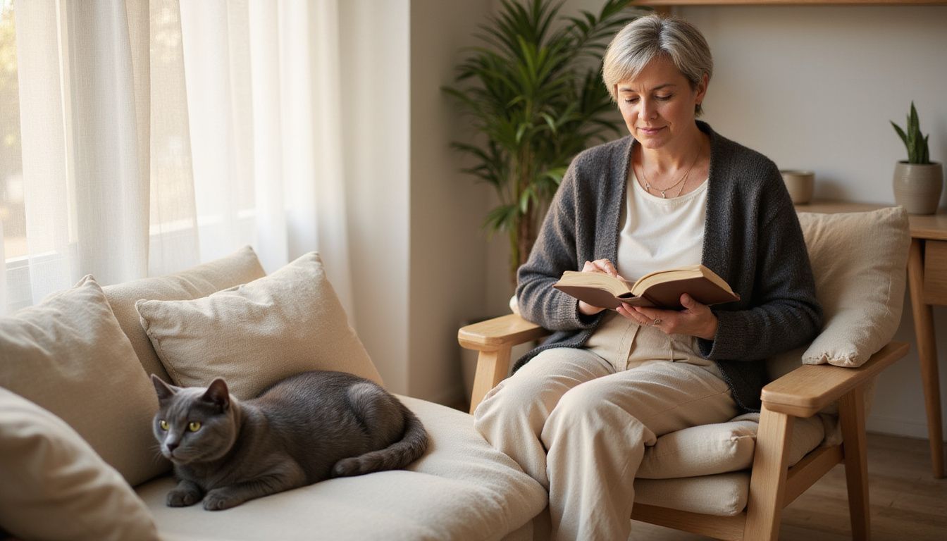 A relaxed woman reads a book while her gray cat sprawls comfortably on cushions in a minimalist living room. A relaxed woman reads a book while her gray cat sprawls comfortably on cushions in a minimalist living room.
