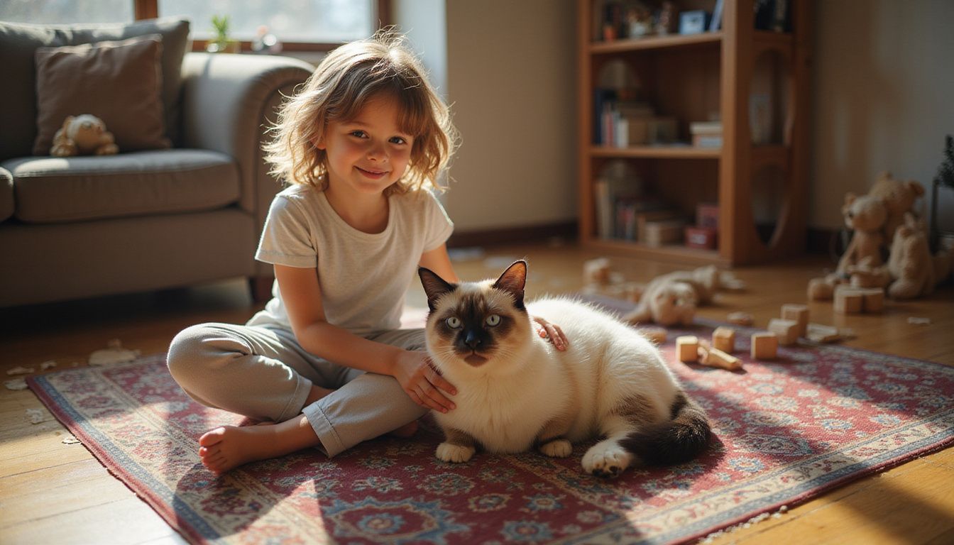 A child gently pets a relaxed Birman cat on a colorful Persian-style rug in a cozy living room. A child gently pets a relaxed Birman cat on a colorful Persian-style rug in a cozy living room.