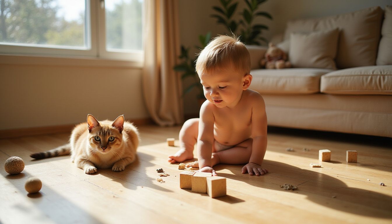 A young child interacts with an Abyssinian cat while a Ragdoll cat relaxes nearby on a wooden floor. A young child interacts with an Abyssinian cat while a Ragdoll cat relaxes nearby on a wooden floor.