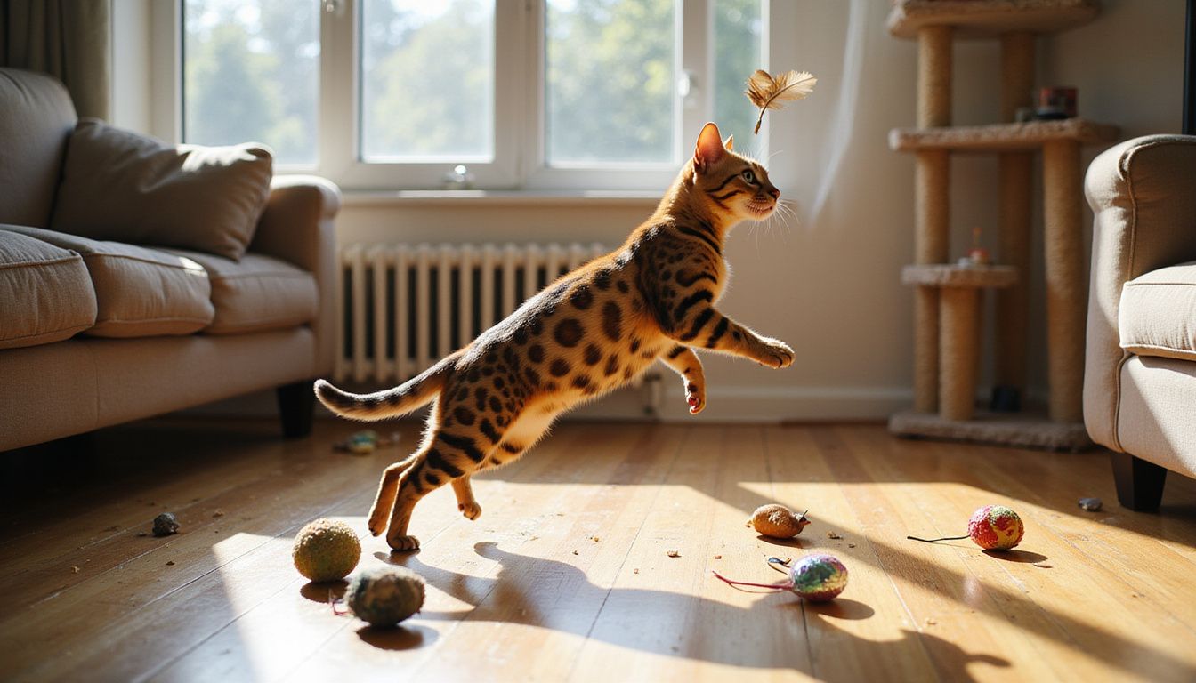A muscular Bengal cat leaps toward a feather toy amidst scattered pet toys in a sunlit living room. A muscular Bengal cat leaps toward a feather toy amidst scattered pet toys in a sunlit living room.