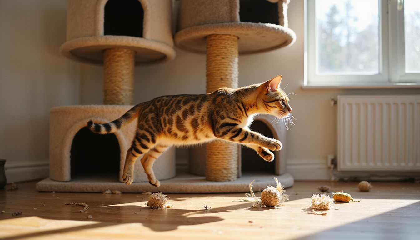A Bengal cat leaps gracefully between weathered cat trees in a cozy living room filled with scattered toys. A Bengal cat leaps gracefully between weathered cat trees in a cozy living room filled with scattered toys.