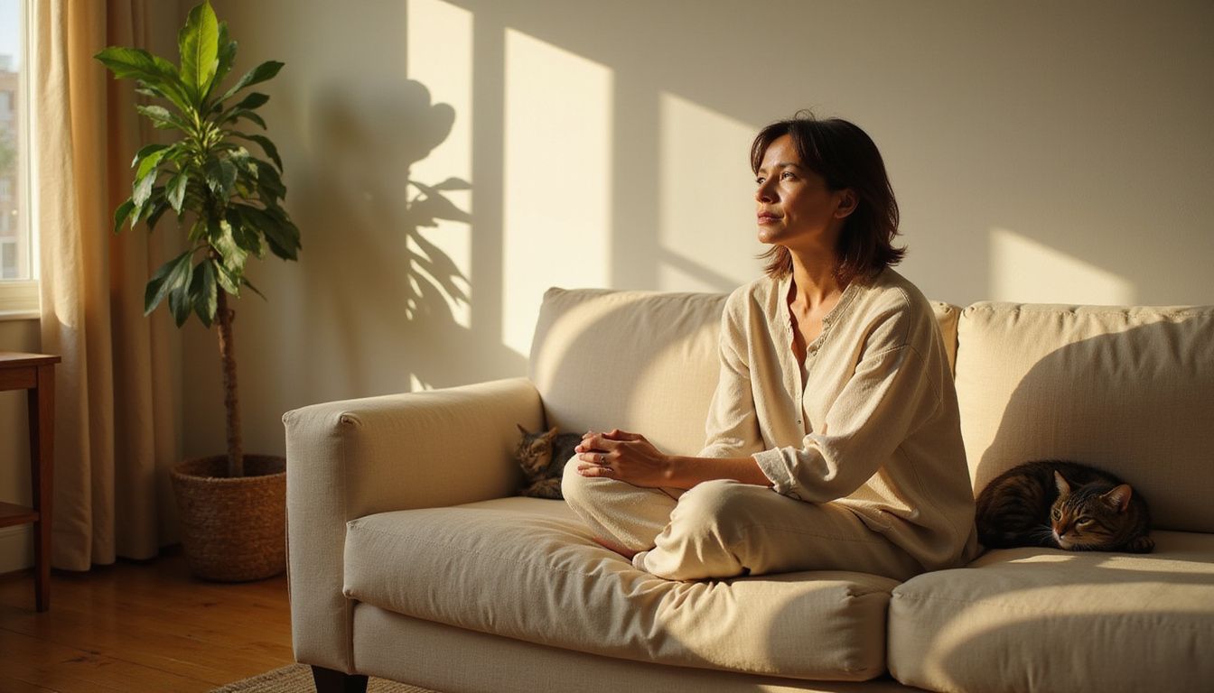 A serene woman in an oversized linen shirt sits cross-legged on a sofa, accompanied by a resting tabby cat. A serene woman in an oversized linen shirt sits cross-legged on a sofa, accompanied by a resting tabby cat.