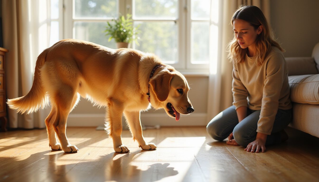 A concerned woman kneels beside a distressed golden retriever indoors. A concerned woman kneels beside a distressed golden retriever indoors.