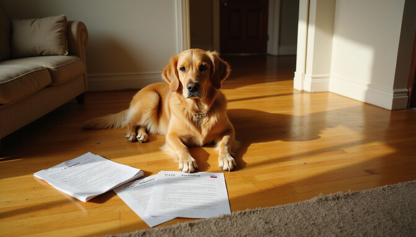 A concerned golden retriever sits beside a lease agreement and 'No Pets Allowed' notice in a modest apartment.