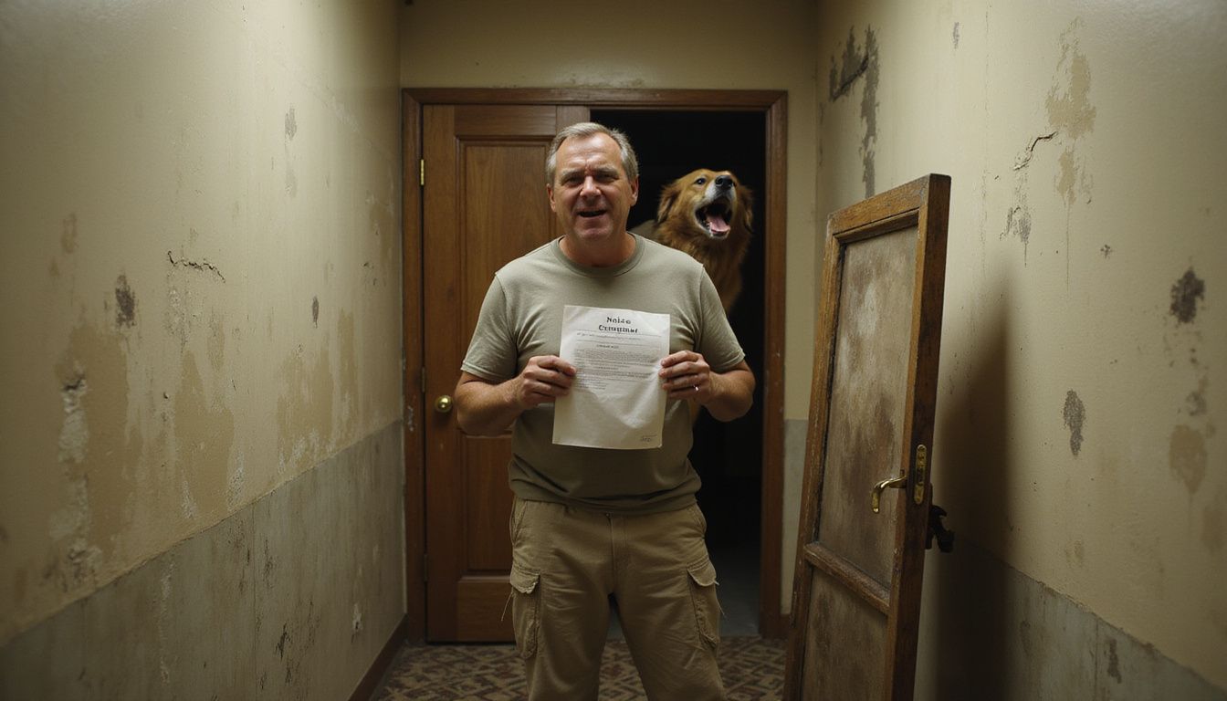 A frustrated man confronts a barking dog in a cramped apartment hallway, highlighting tension and neighborly conflict.