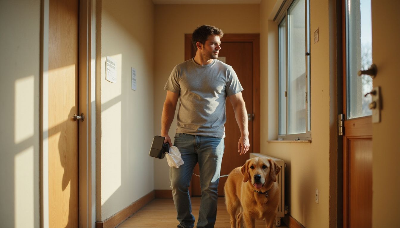 A man in casual attire stands with a golden retriever, holding a waste bag dispenser in a modern apartment hallway.