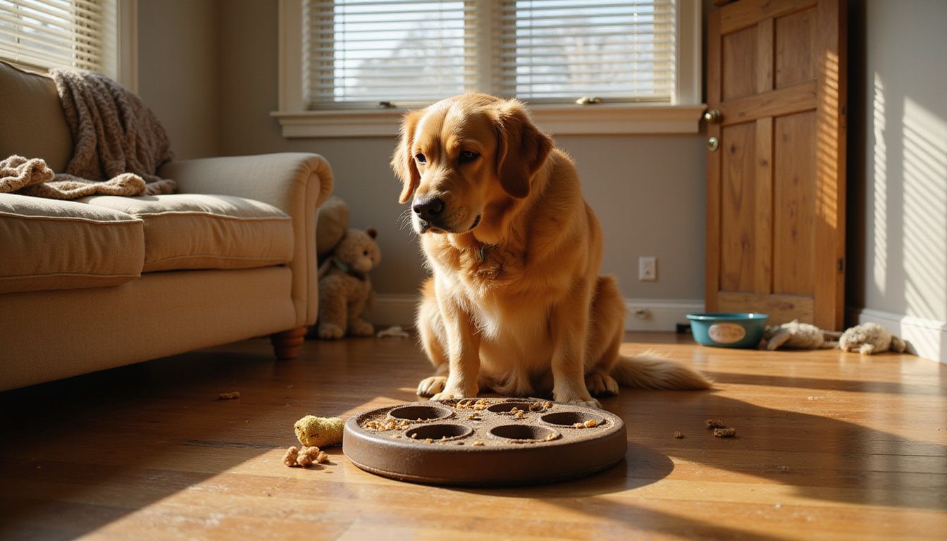 A golden retriever focuses intently on a puzzle feeder toy in a cozy studio apartment.