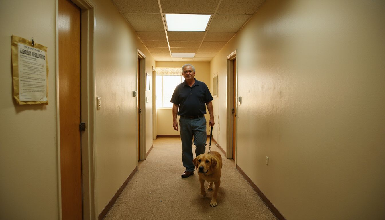 A middle-aged man walks his golden retriever in a residential apartment hallway with worn carpeting and scuffed walls.