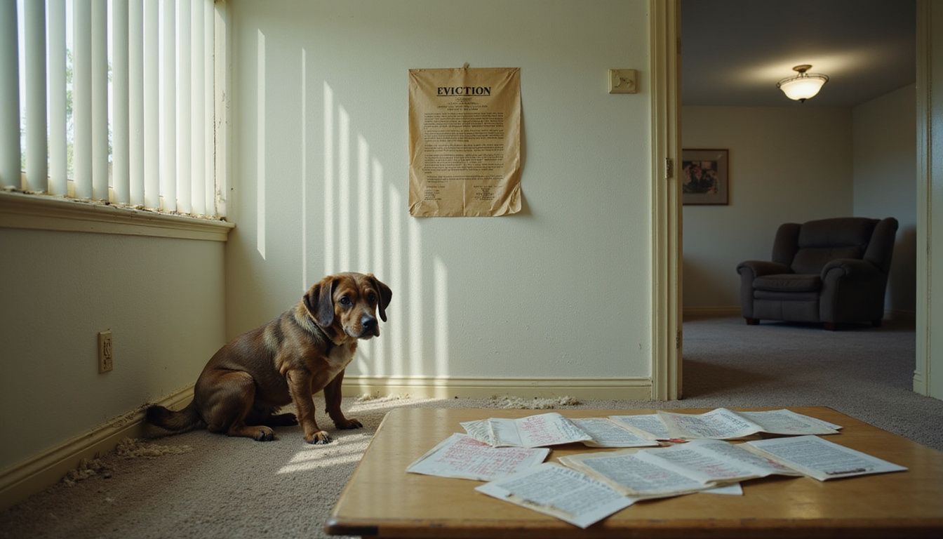 A nervous mixed-breed dog sits in a corner of a cluttered, sparsely furnished living room with an eviction notice.
