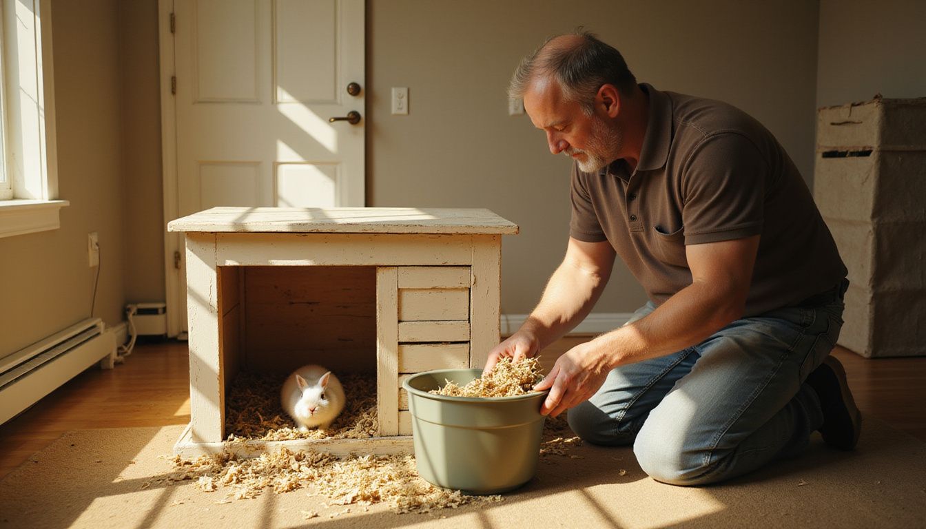A middle-aged man kneels on the carpet, cleaning a rabbit hutch in a cozy, lived-in apartment.