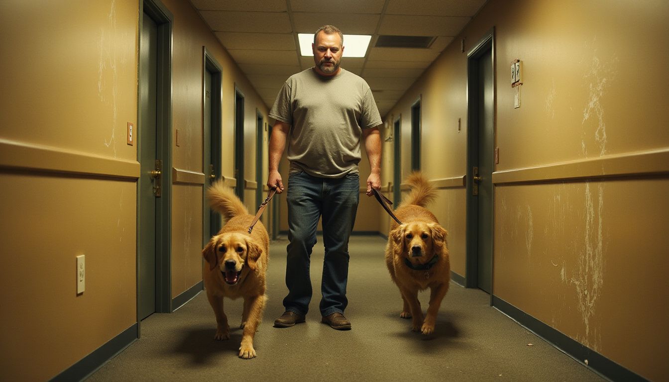 A concerned man struggles to control his nervous springer spaniel as a panicked golden retriever rushes past in a hallway.