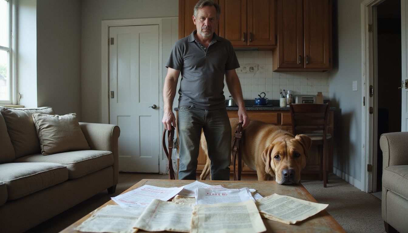A middle-aged person stands anxiously in a cluttered living room, gripping a leash attached to a large dog.
