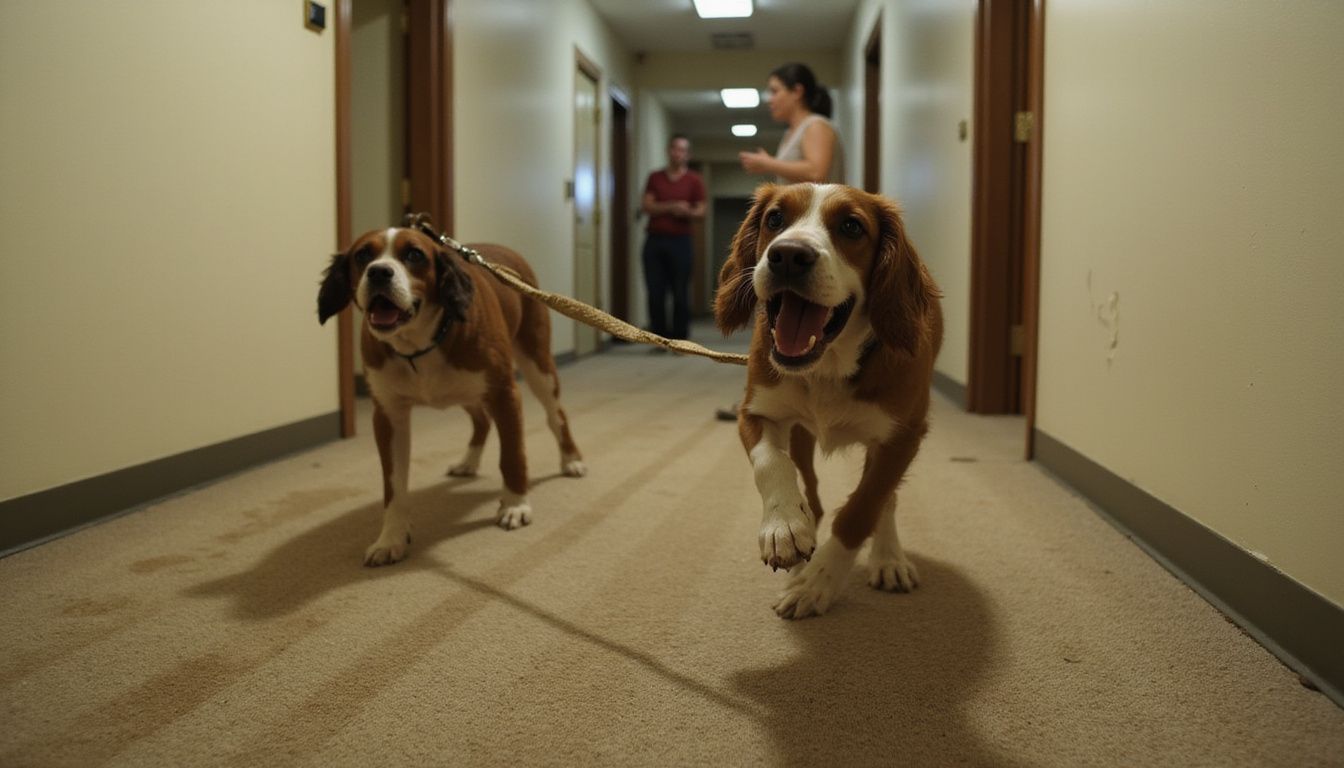 A terrified child retreats as an aggressive dog lunges forward in a narrow apartment hallway.