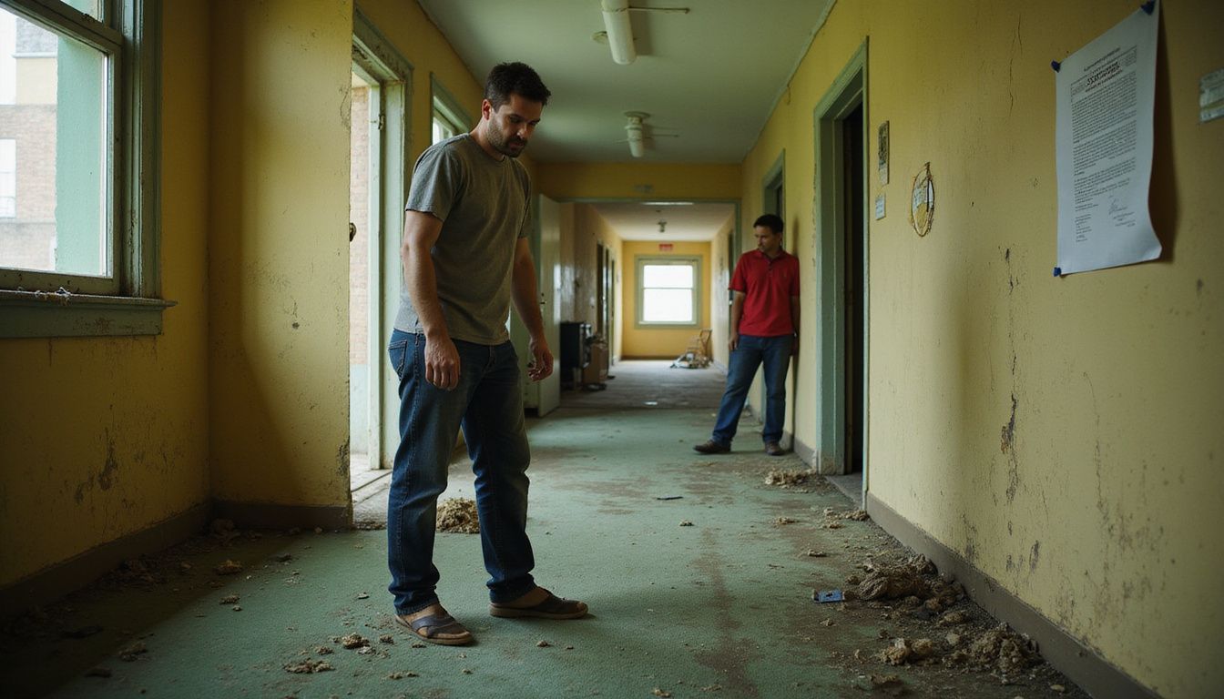 A frustrated man stands in a neglected hallway littered with dog feces and debris, highlighting urban housing decay.