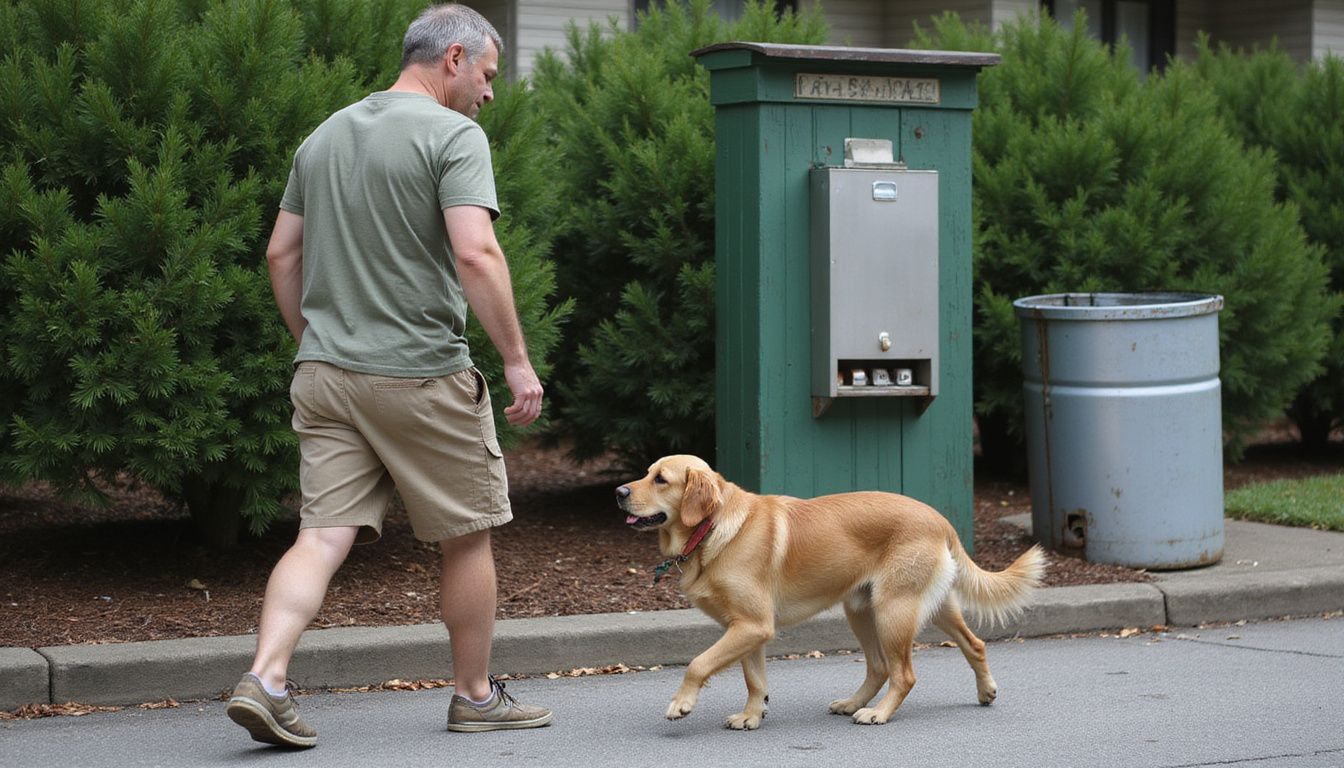 A middle-aged man walks his golden retriever near a weathered waste station in an apartment complex.
