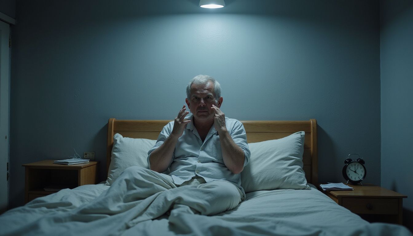 A middle-aged person sits in bed, tense and fatigued, clearly struggling with sleep deprivation at 2 AM.