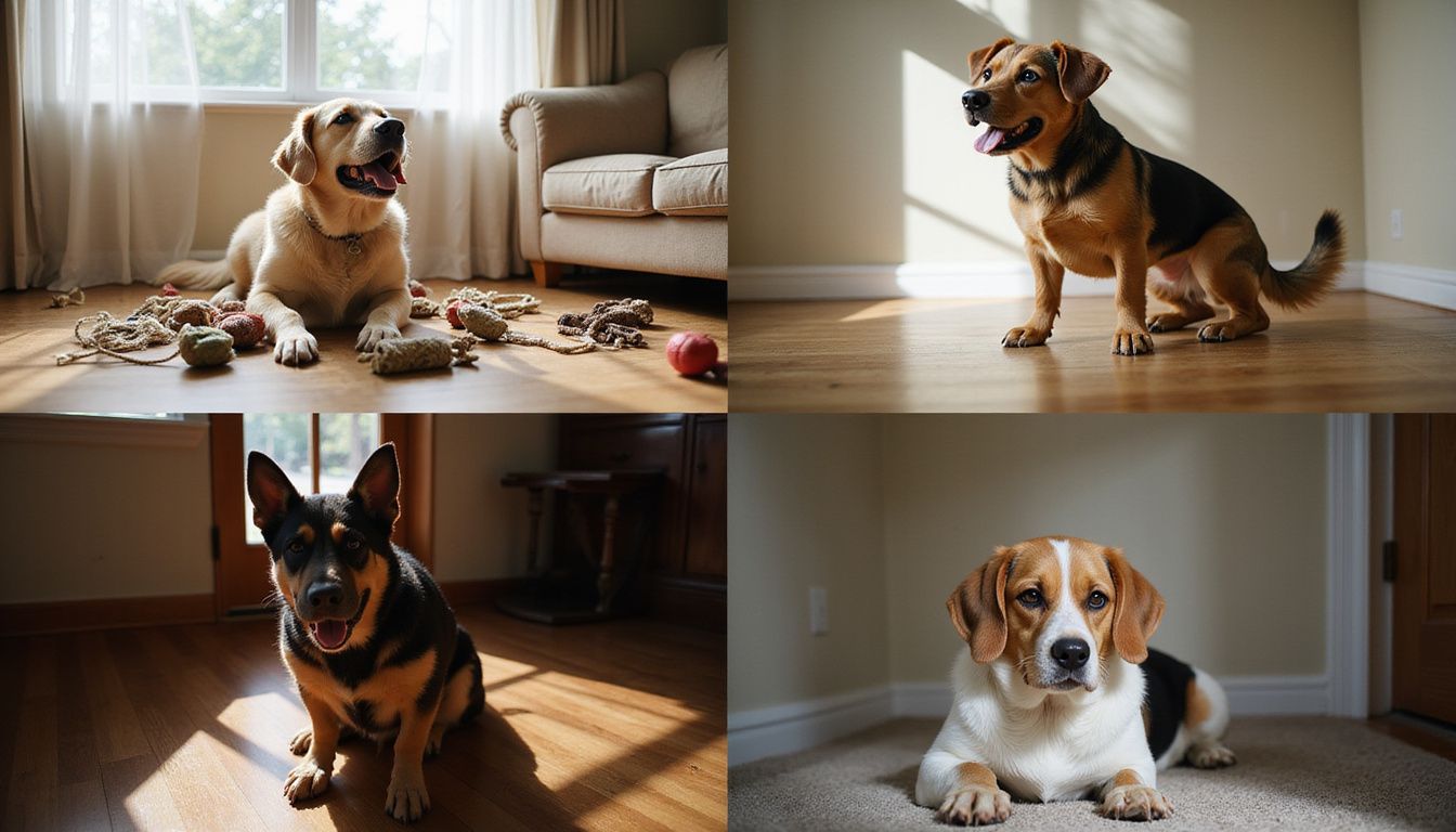 Four dogs vocalizing in a cozy, authentic indoor setting. Four dogs vocalizing in a cozy, authentic indoor setting.