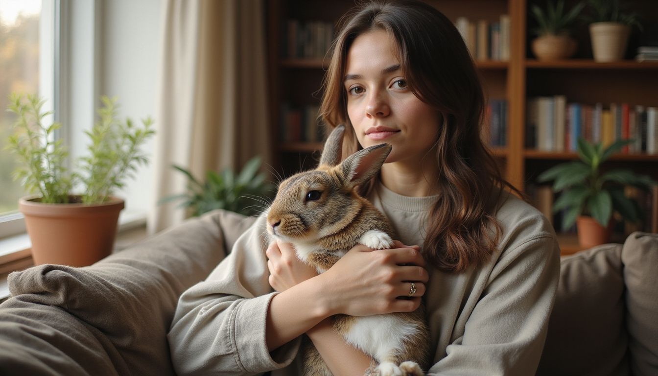 A woman cradles a relaxed rabbit on a cozy couch. A woman cradles a relaxed rabbit on a cozy couch.