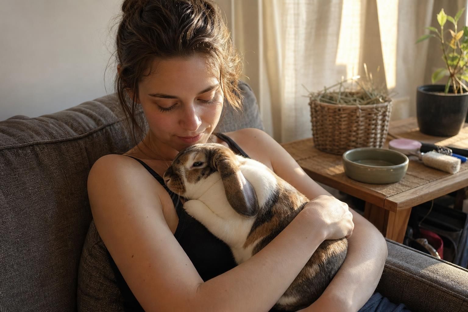 A woman relaxes with her content Dutch lop rabbit on the couch.