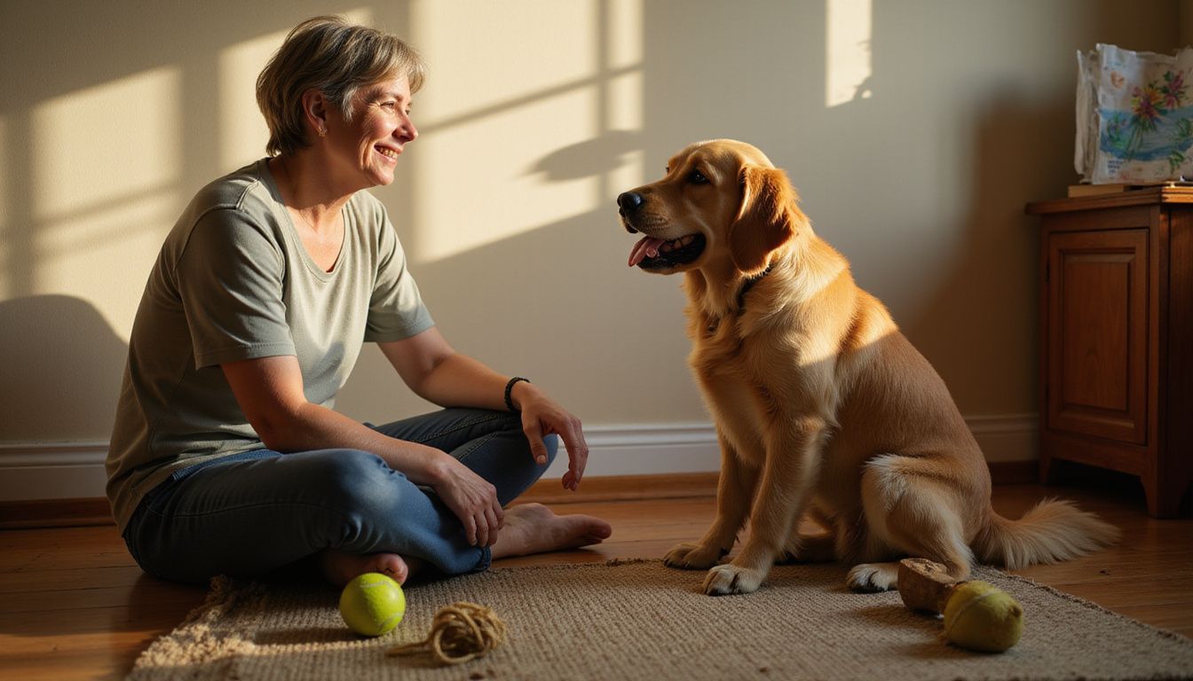 A woman and a golden retriever share a warm, candid moment. A woman and a golden retriever share a warm, candid moment.
