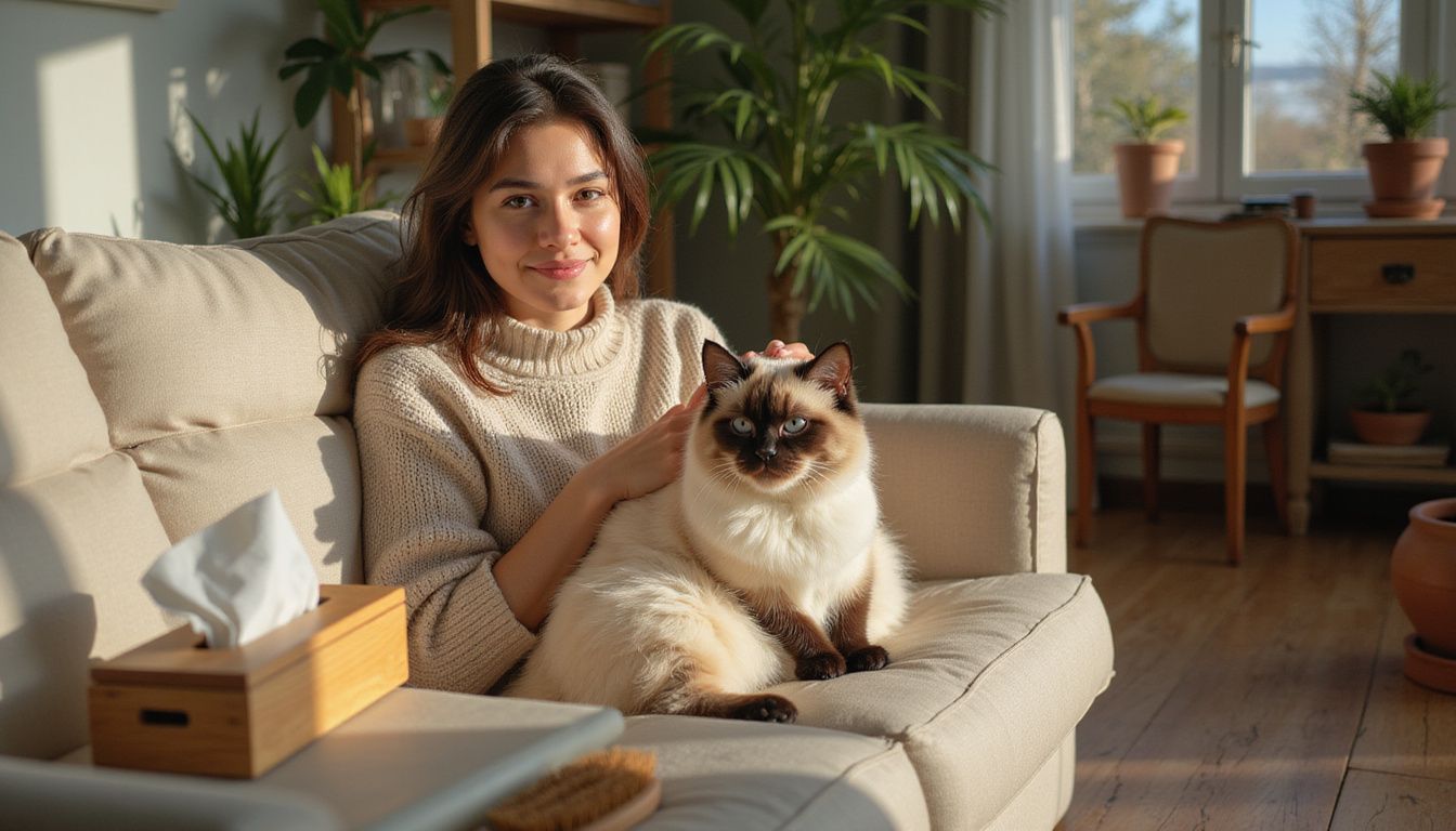 A young woman relaxes on a sofa, gently stroking her Ragdoll cat while showing signs of seasonal allergies. A young woman relaxes on a sofa, gently stroking her Ragdoll cat while showing signs of seasonal allergies.