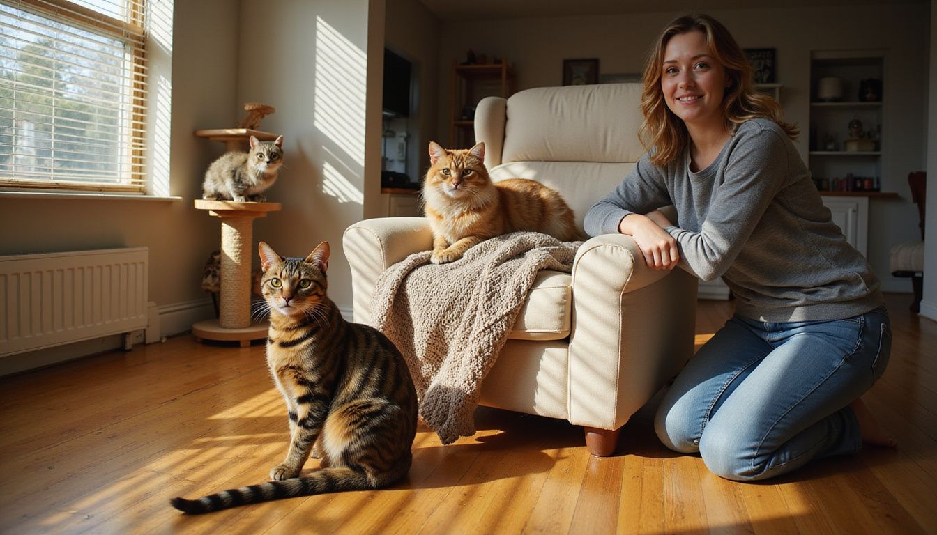 A woman interacts lovingly with her three cats in a cozy, lived-in living room filled with personal touches. A woman interacts lovingly with her three cats in a cozy, lived-in living room filled with personal touches.